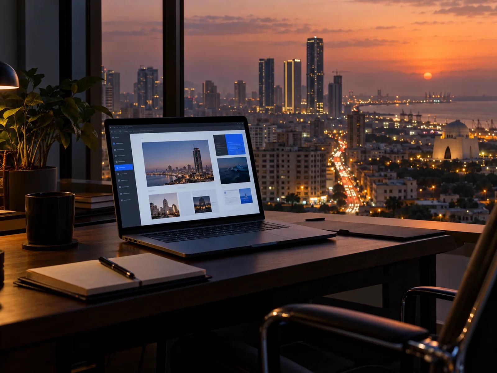 GECA workspace overlooking the Karachi skyline at dusk