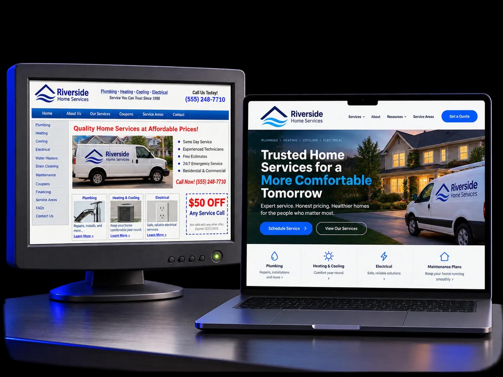 An outdated website beside its modern redesign