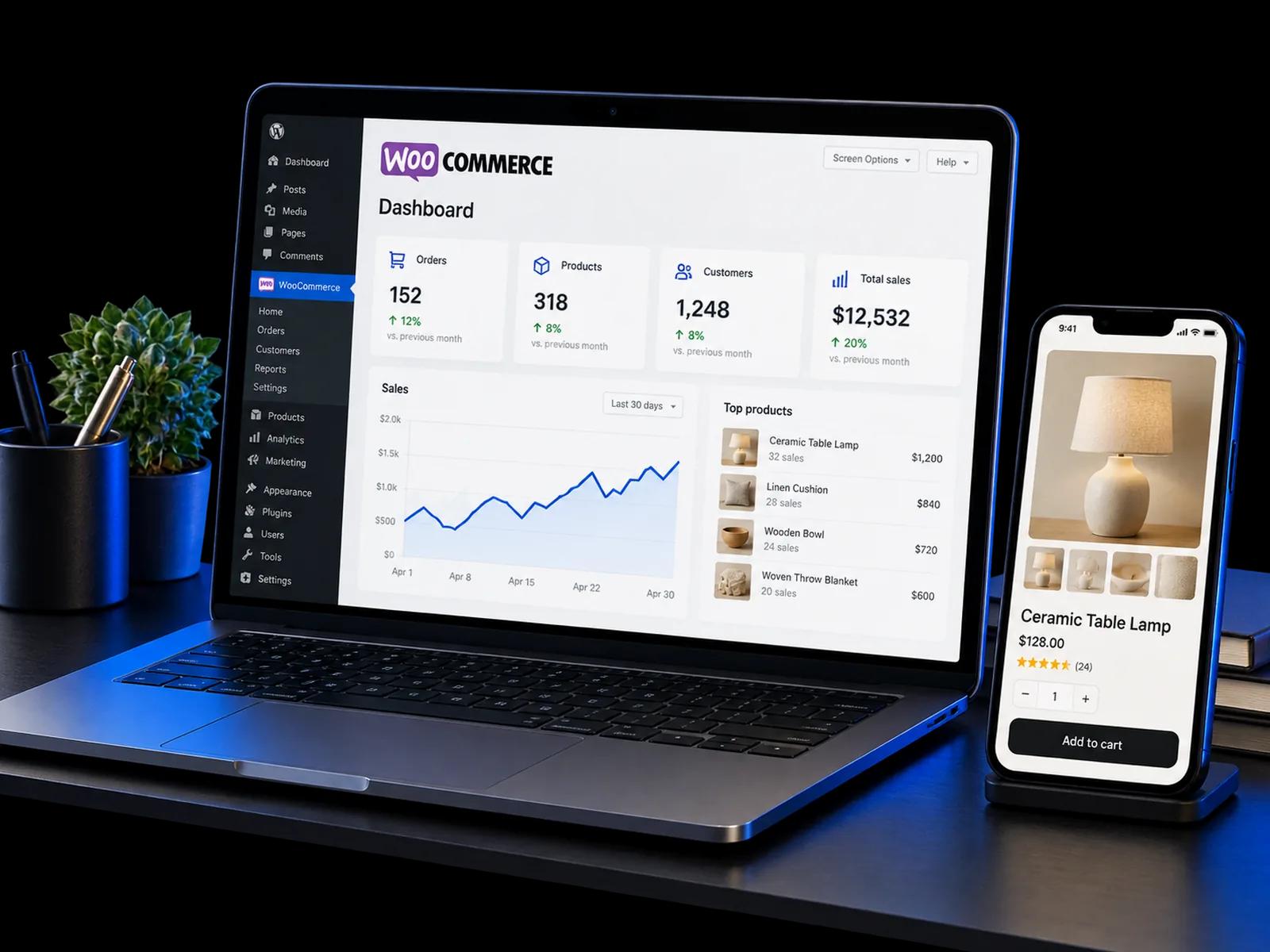 WooCommerce dashboard on a laptop and a product page with Add to cart on a phone