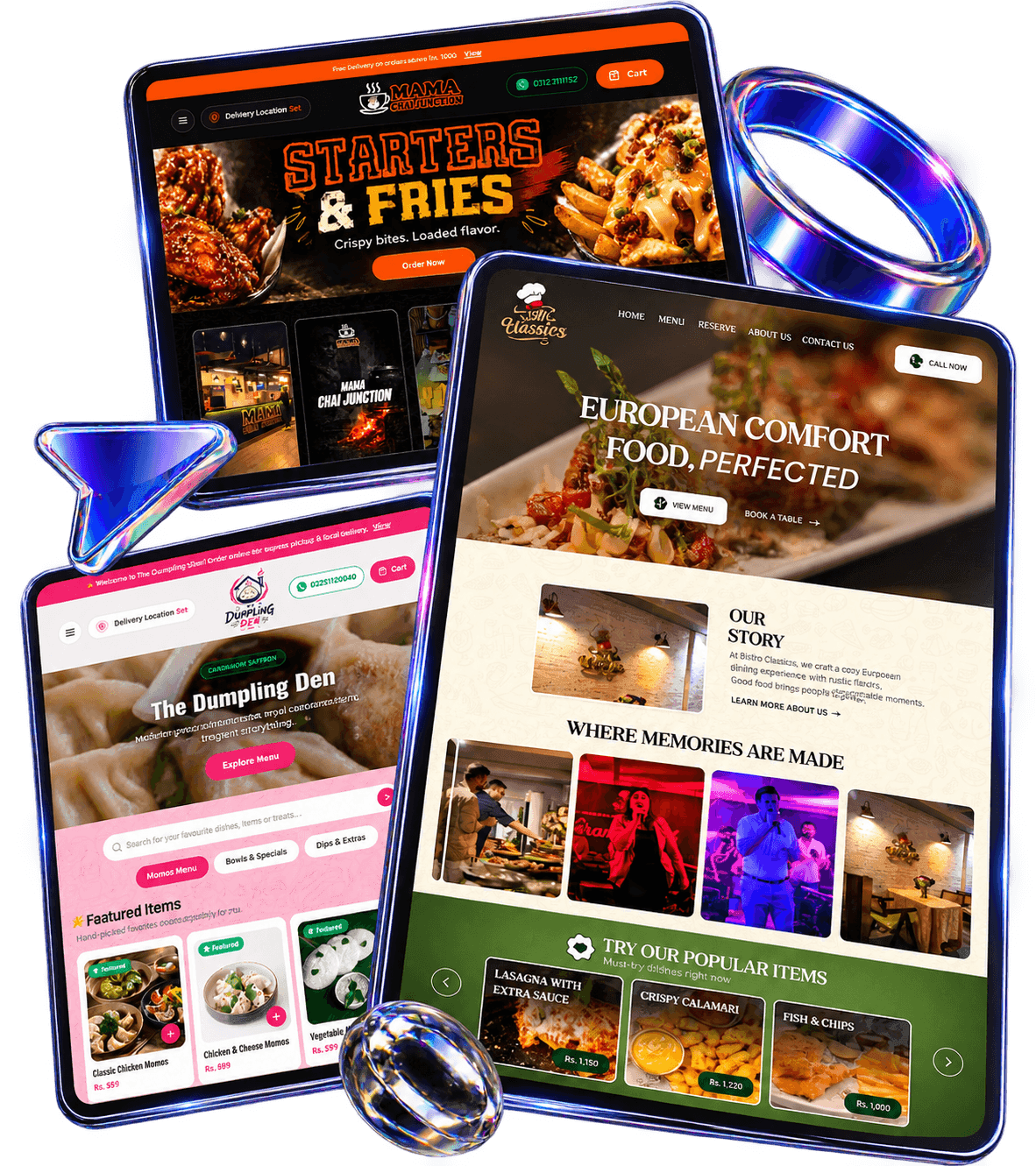 Restaurant, cafe and bakery websites designed by GECA, shown on tablets