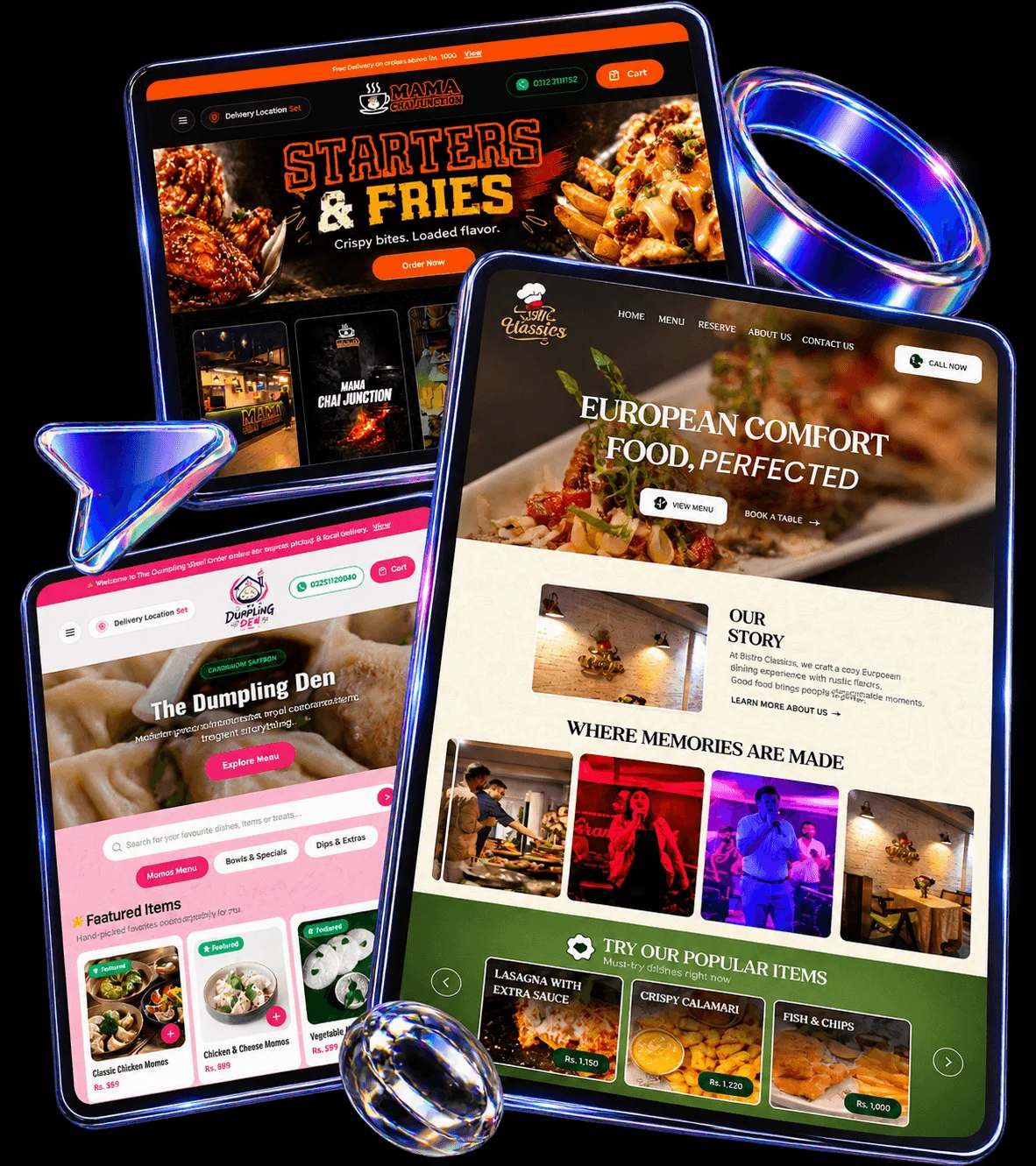 Restaurant, cafe and bakery websites designed by GECA, shown on tablets
